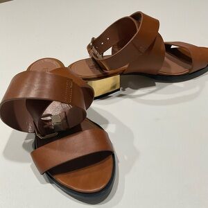 🎃BCBGMSXAZRIA Women’s Genuine Leather Gold Block Heel Sandals, Size 10